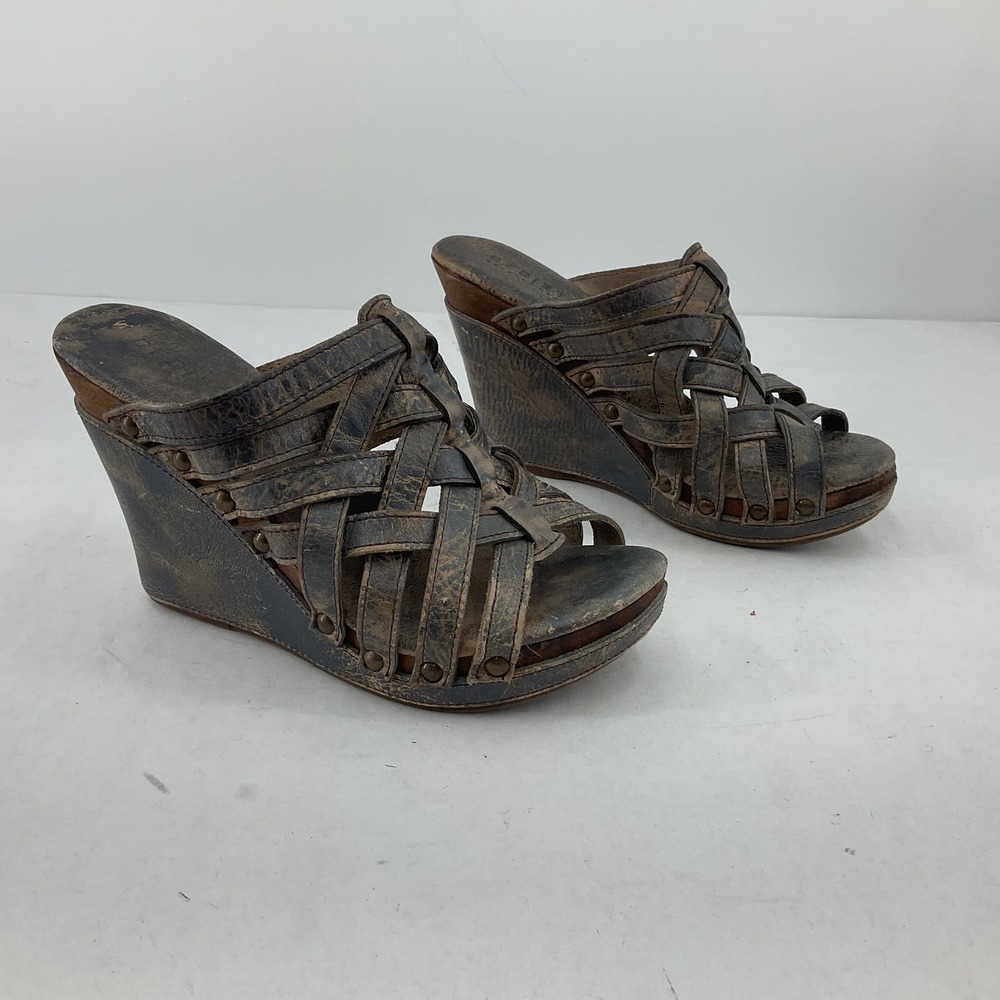 BED STU Brown Crackle Leather Gladiator Wedge Heels Womens Size 8